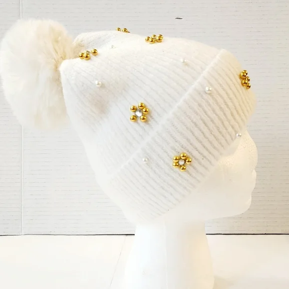 INC Ivory Faux Fur Pom & Pearl Beanie Hat One Size Fit All - Picture 2 of 5
